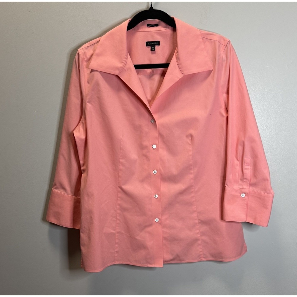 Talbot's  Blouse SZ‎ 14 Coral 3/4 Cuff Sleeves Button Up Top